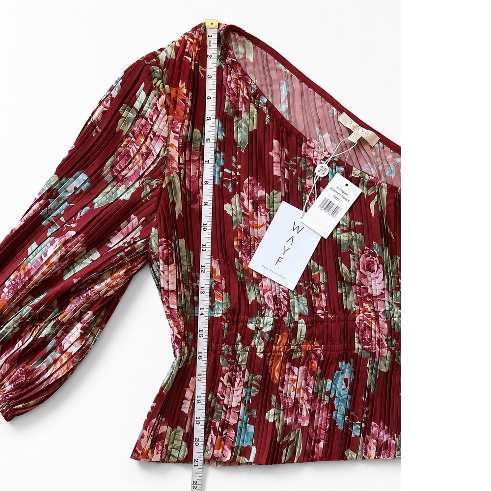 WAYF One Shoulder Pleated Floral Blouse Burgundy Scattered Roses Size L NEW - Picture 6 of 6